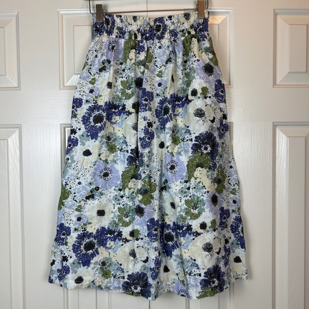 Garnet Hill 100% Linen Floral Pull On Midi Skirt Size Medium